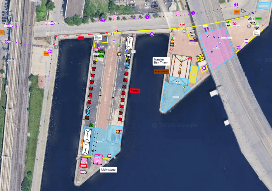 Entrance and exit site plan for VIP, staff, artists, merchants, restaurants, accessibility, and public flows.