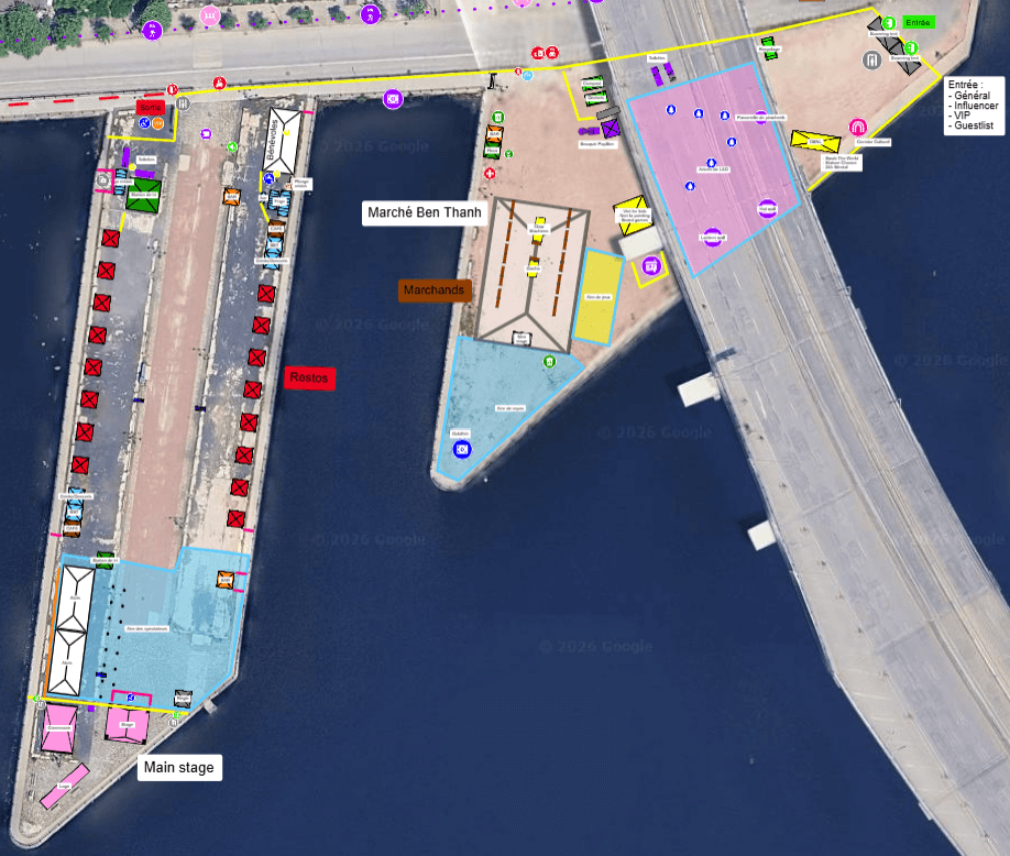 Cho Dem 2026 site map showing merchant and restaurant zones.