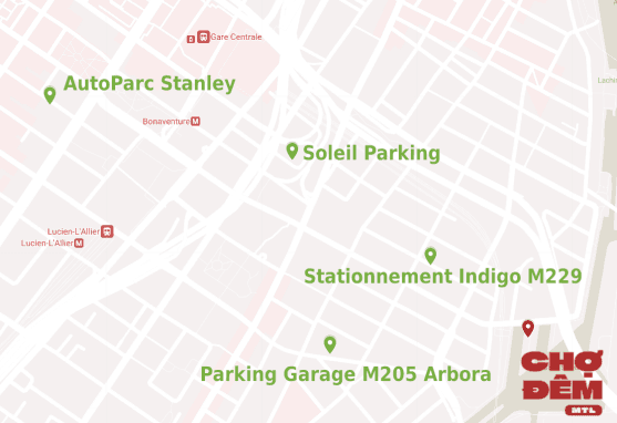 Nearby paid parking map for Cho Dem merchants.